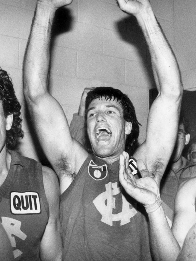 Roos celebrates a Fitzroy win in 1992.