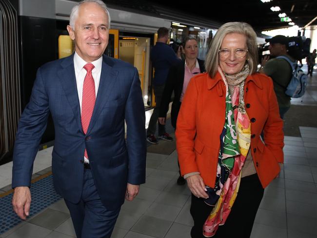 Prime Minister Malcolm Turnbull and his wife Lucy Turnbull arrive at Hurstville Station as he campaigns in the electorate of Barton in Sydney. Picture: Andrew Meares/Getty Images