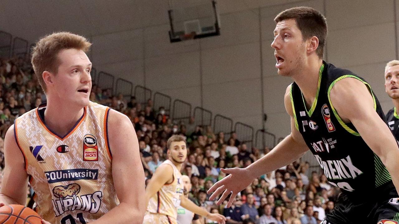 Taipan Sam Waardenburg in the jersey without the pride logo, against Dane Pineau of the Phoenix with the Pride logo visible. Picture: Kelly Defina/Getty Images