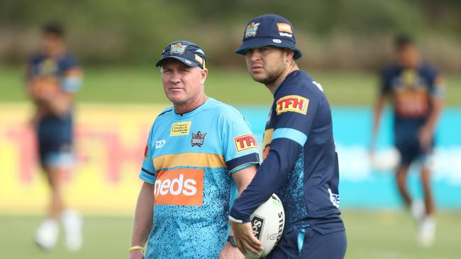 GOLD COAST, AUSTRALIA - MARCH 28: Coach Garth Brennan and Ashley Taylor talk during a Gold Coast Titans NRL training session on March 28, 2019 in Gold Coast, Australia. (Photo by Chris Hyde/Getty Images)