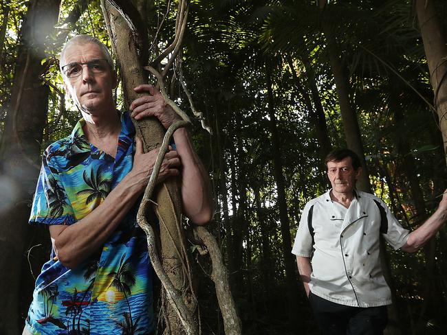 8/10/2019 : Daintree restaurant co owners Richard Seivers 67 (front) and chef Peter Ryan 70, both contracted the mysterious Daintree Ulcer, Peter in 1976 , then in 2017 Richard also contracted it, in rain forrest next to their business in Daintree Village, north of Port Douglas. Both suspect the tangled rain forrest they live in was the source o the still unexplained disease. Lyndon Mechielsen/The Australian