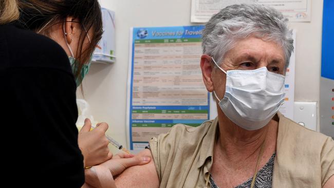 Anne Hyslop receives an AstraZeneca vaccine in Melbourne on Wednesday. Picture: AFP