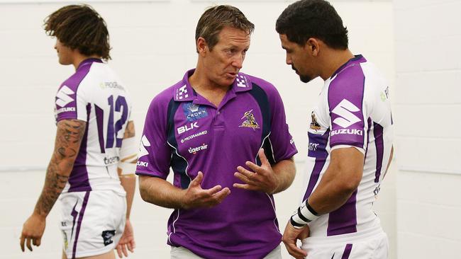 Walker gets some advice from Storm Coach Craig Bellamy. Image: Colleen Petch.