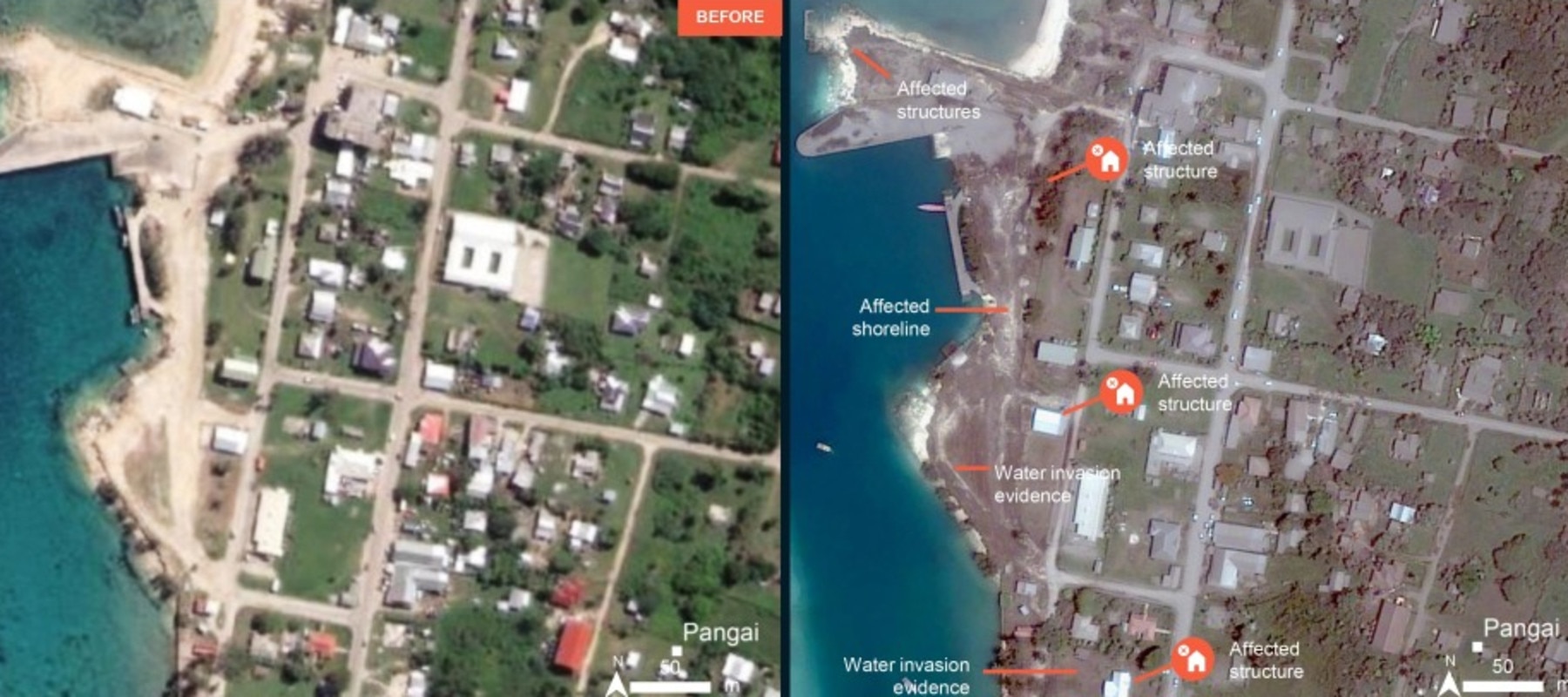 A satellite image taken in April 2020 and an image taken after the volcano eruption shows the area covered in volcanic ash