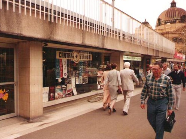 Shops below the old square on the corner of Flinders and Swanston Streets, where Federation Square now stands. Picture: State Library of Victoria.