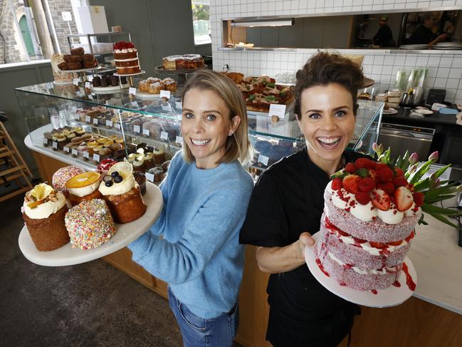 Frank and Harri’s owners Sarah and Jessica Whitfield with some of their colourful cakes and croissants. Picture: Alex Coppel.