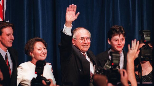 A victorious John Howard with wife Janette and their children on election night 1996.. Picture: Graham Crouch