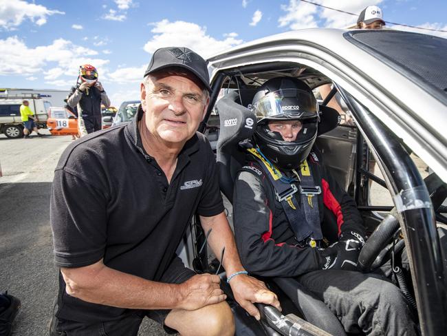 Tasmanian race driver Greg Crick and his grandson Charlie Park, who is making his mark in motorsport. Picture Angryman Photography