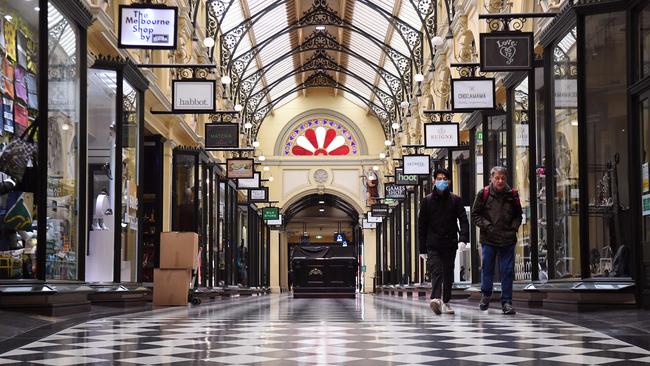 Normally bustling arcades across Melbourne are empty, putting tens of thousands of jobs at risk. Picture: AFP