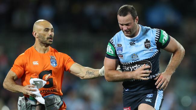 Boyd Cordner taken from the field following concussion.