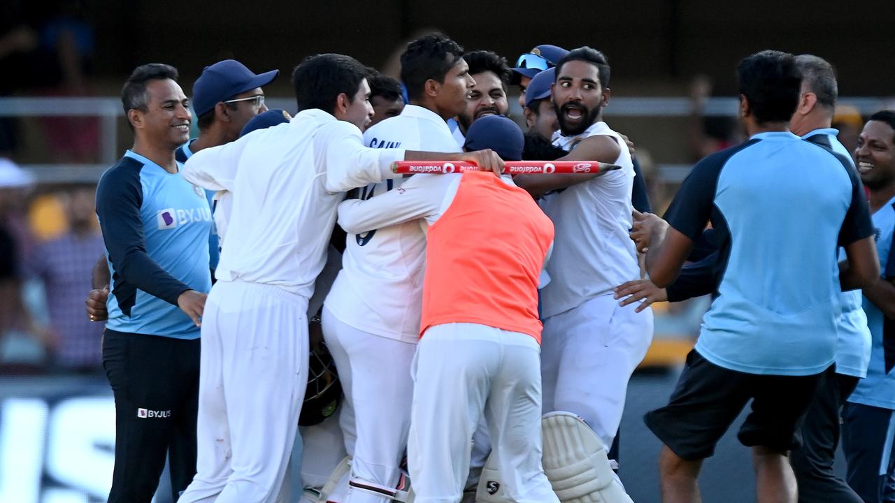 The Indian team celebrates victory over Australia. Picture: Bradley Kanaris