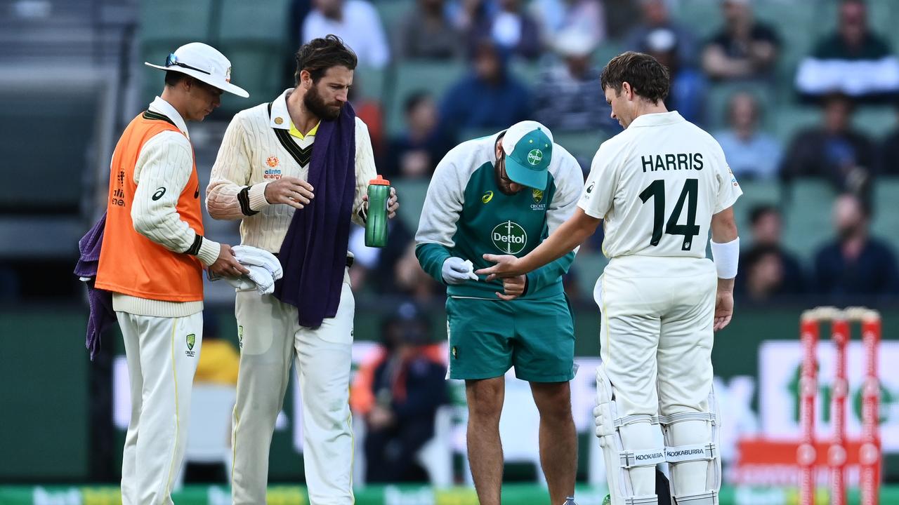 The finger of Harris had to be glued together three times during the Test after copping a blow while batting on Sunday night. Picture: Quinn Rooney/Getty Images