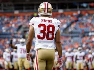 San Francisco 49ers running back Jarryd Hayne (38) warms up during an NFL preseason game against the Denver Broncos on Saturday, Aug. 29, 2015, in Denver, Co. The Broncos won the game, 19-12. (Greg Trott via AP). Picture: Greg Trott