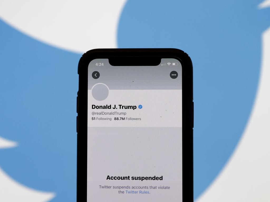 The suspended Twitter account of US President Donald Trump appears on an iPhone screen. Picture: Justin Sullivan/Getty Images