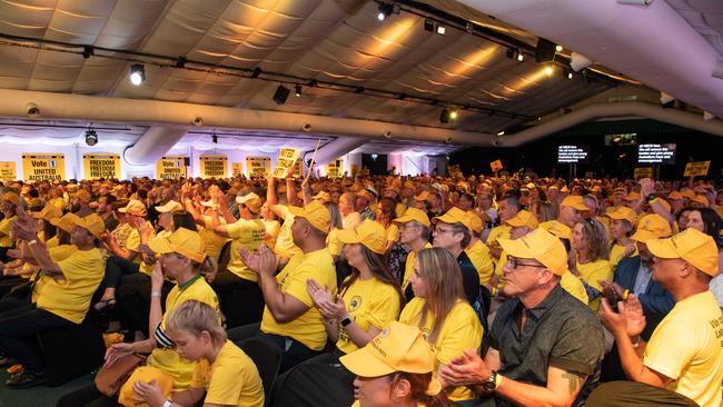 Clive Palmer and Craig Kelly address the crowd at the United Australia Party's National Launch at the Palmer Coolum Resort. Picture: Brad Fleet