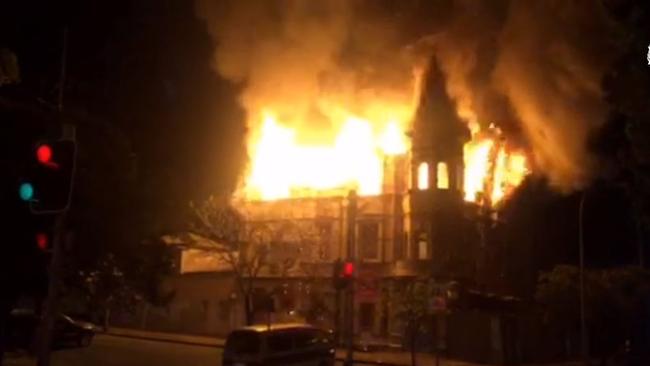 Screengrab of footage released by Queensland Police, showing a fire that gutted the abandoned heritage listed Broadway Hotel in Woolloongabba. Picture: QPS.