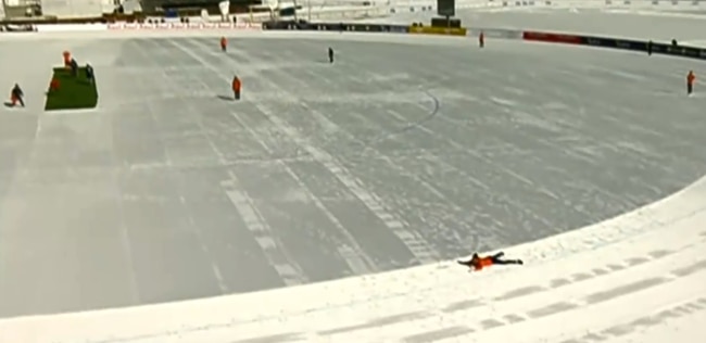 Ice cricket being played in the Swiss Alps.