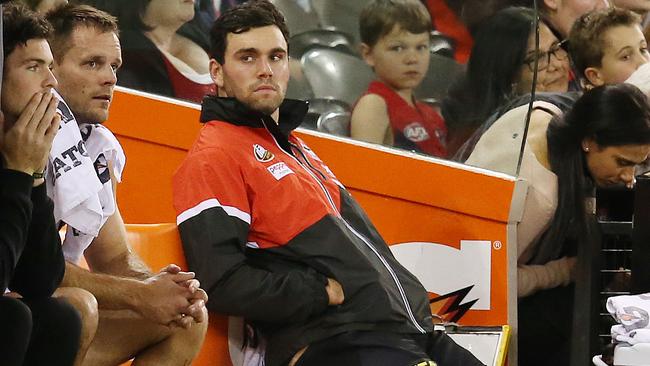 Paddy McCartin on the bench after a head knock. Picture: Michael Klein