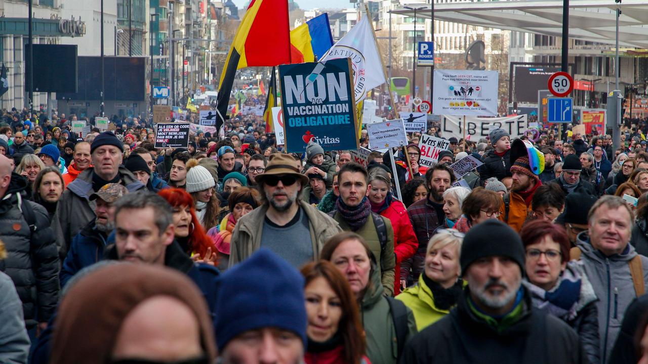 Most demonstrators refused to wear face masks as they marched in their thousands. Picture: Nicolas Maeterlinck/Belga/AFP