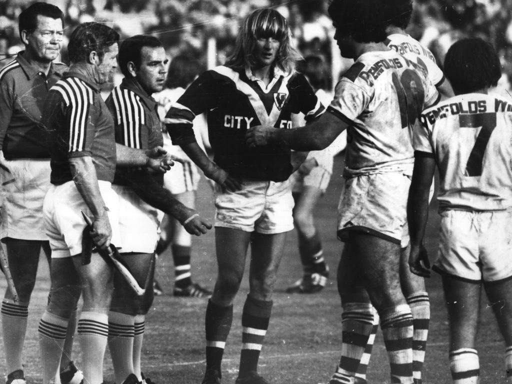 Easts fullback Russell fairfax (C) during the Roosters v Saints RL game at an undisclosed location.