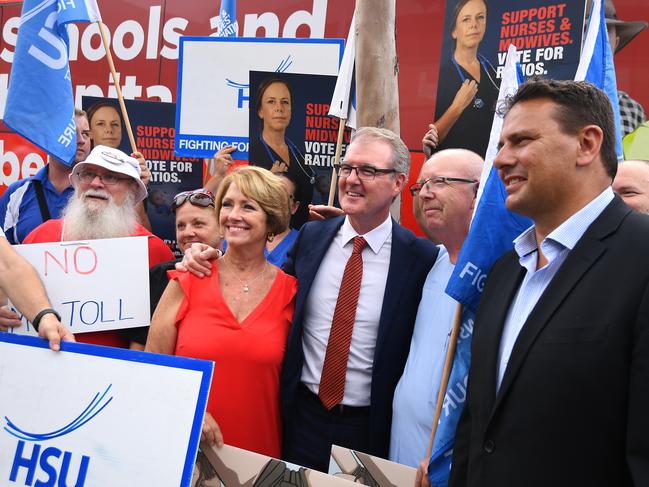 NSW Opposition Leader Michael Daley (centre) meets with members of the Health Services Union (HSU) during a stop at the Napean Hospital during the 2019 NSW election campaign. He is running for the seat of Maroubra. Picture: Lukas Coch