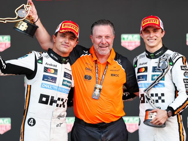 Lando Norris (L) with third-placed Oscar Piastri (R) and McLaren CEO Zak Brown after the recent Monaco Grand Prix. Picture: Qian Jun/Xinhua via Getty Images