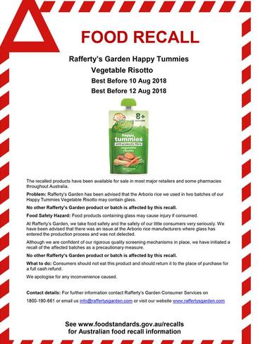 Rafferty's Garden Happy Tummies Vegetable Risotto has been recalled amid fears it may contain glass.