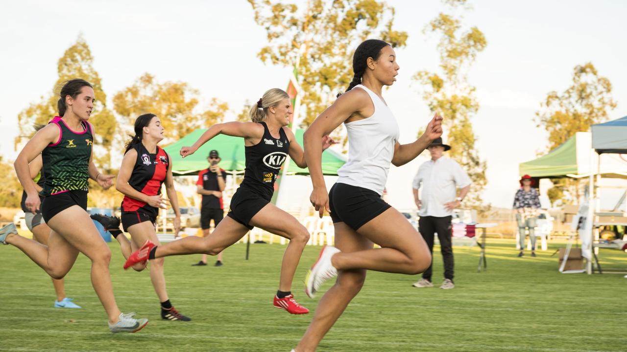 Touch player Dianne Waight claims the Fastest Female Footballer 75 yards title on 2021 Postle Gift Raceday at Club Pittsworth, Saturday, October 30, 2021. Picture: Kevin Farmer