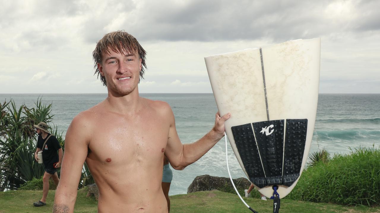 Burliegh Boardriders’ Koby Smith at the 2025 Gold Coast Open surf comp at Burleigh Heads. Picture: Glenn Campbell