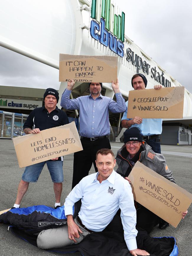 Titans CEO Steve Mitchell (at front) with (L-R) Robin Aarons, Kris Martin, Rob Molhoek and Michael Eklom preparing for The St Vinnies Sleepout at Cbus Stadium. Photograph: Jason O'Brien