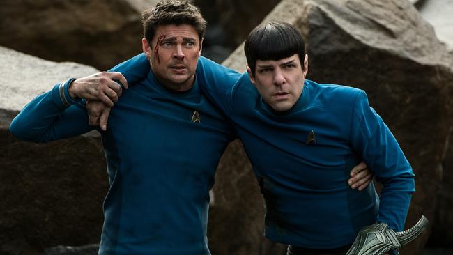 Karl Urban plays Bones and Zachary Quinto plays Spock in a scene from Star Trek Beyond. Picture: Paramount