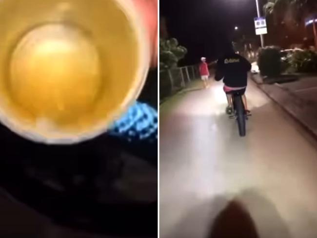 A video posted to a southern Gold Coast Facebook community page has shown the moment two boys conspire to throw a can of “piss” onto an innocent person who they ride past. Photo: Facebook