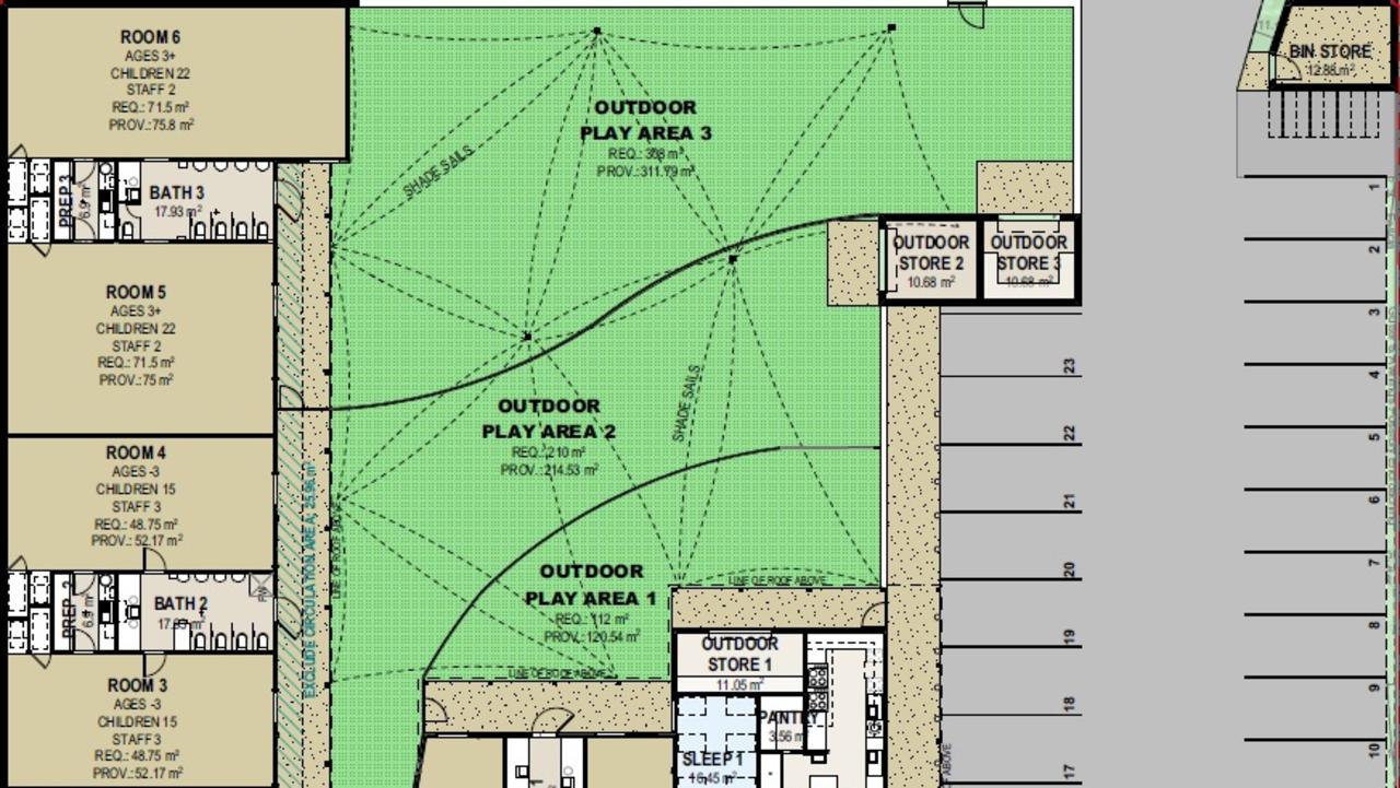 The proposed childcare centre includes a 647 sq m outdoor play area and building housing six educational and play rooms for varying ages.