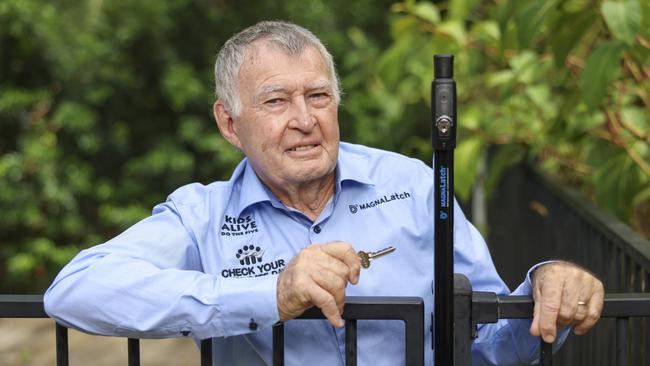 Iconic former Townsville swimming coach Laurie Lawrence, founder of Kids Alive and ambassador of Check-Your-Pool-Gate Month. He has stressed the importance of constant supervision and pool-gate maintenance as the summer party season approaches. Picture: Supplied