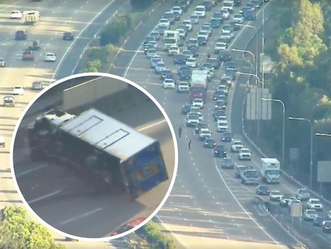 Scene of a truck rollover on the M1 near Pimpama. Picture: Nine Gold Coast News