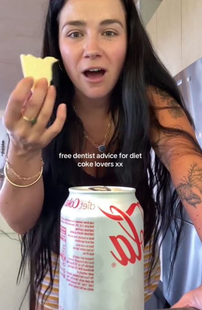 Claudia revealed some advice her dentist gave her – to eat cheese after drinking Diet Coke. Picture: @claudiakrek/TikTok