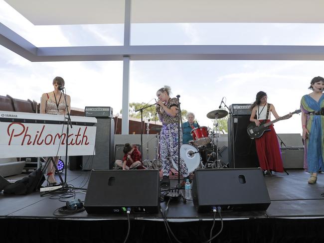 Improvisational six piece band Philomath in a performance called Hobart+music = Yeah! on the Turrell stage at Mona during Mona Foma. Picture: PATRICK GEE