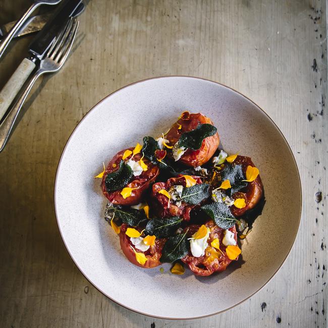 Hot Smoked Tomatoes + Pedrom Ximenez Reduction, Monte Enebro + Crispy Sage. A recipe by chef Alex Mullan, as featured in the book Tomato, co-written by Janice Sutton. Picture: Dearna Bond