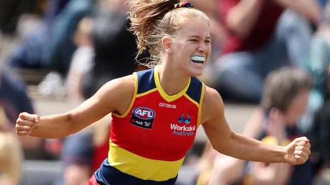 Teah Charlton celebrates a late season goal for the Crows. Picture: Getty Images