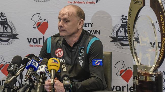 Ken Hinkley speaks separately at Adelaide Oval despite the Crows expecting a joint media conference. Picture: Roy VanDerVegt