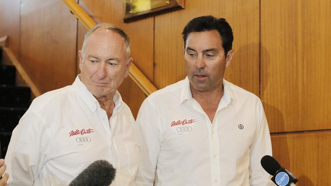 Wild Oats XI owner Sandy Oatley, left, and skipper Mark Richards, at the Royal Yacht Club in Sandy Bay after the hearing of Comanche's protest. Picture: MATHEW FARRELL