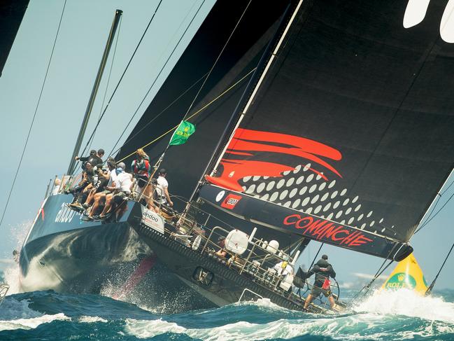 SYDNEY, AUSTRALIA - DECEMBER 26: Andoo Comanche heads for the outside marker during the start of the Sydney Hobart Yacht Race on December 26, 2022 in Sydney, Australia. (Photo by Steve Christo - Corbis/Corbis via Getty Images)