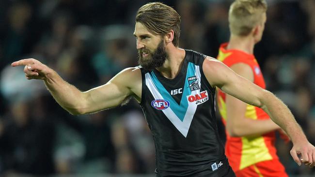 Justin Westhoff celebrates a goal against Gold Coast at Adelaide Oval.