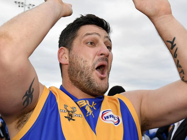 WRFL Division 1 grand final: Deer Park V Hoppers Crossing at Whitten Oval, Footscray. Deer Park's Brendan Fevola  celebrate winning the game. Picture: Andy Brownbill