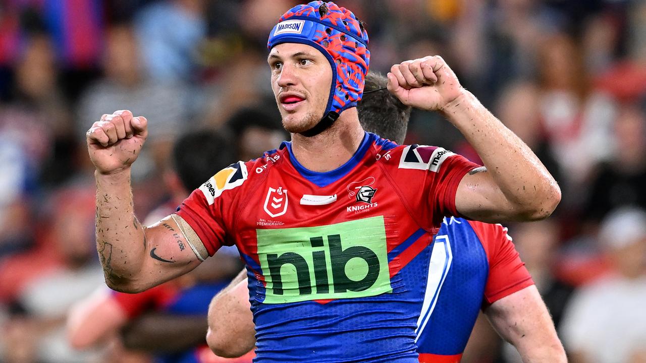 BRISBANE, AUSTRALIA - MAY 13: Kalyn Ponga of the Knights celebrates at the final siren during the round 10 NRL match between the Canterbury Bulldogs and the Newcastle Knights at Suncorp Stadium, on May 13, 2022, in Brisbane, Australia. (Photo by Bradley Kanaris/Getty Images)