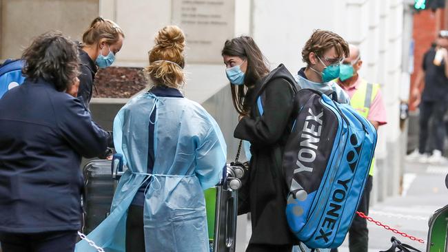 Australian Open players and support staff arrive at the Grand Hyatt in Melbourne. Picture: Tim Carrafa