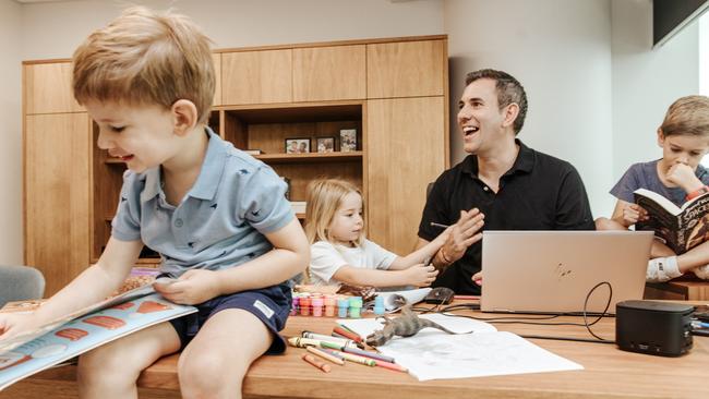 Jim Chalmers prepares for the budget back in Brisbane with his children Leo, Annabel and Jack. Picture: NewsWire/Sarah Marshall