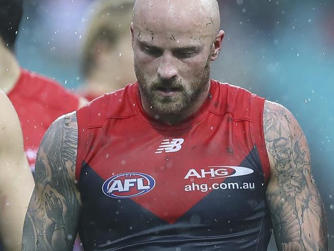 SYDNEY, AUSTRALIA - JUNE 19: Nathan Jones of the Demons lookd dejected after the round 13 AFL match between the Sydney Swans and the Melbourne Demons at Sydney Cricket Ground on June 19, 2016 in Sydney, Australia. (Photo by Ryan Pierse/Getty Images)