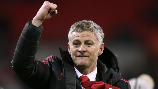 Manchester United caretaker manager Ole Gunnar Solskjaer celebrates his team’s 1-0 win against Tottenham Hotspur at Wembley stadium.