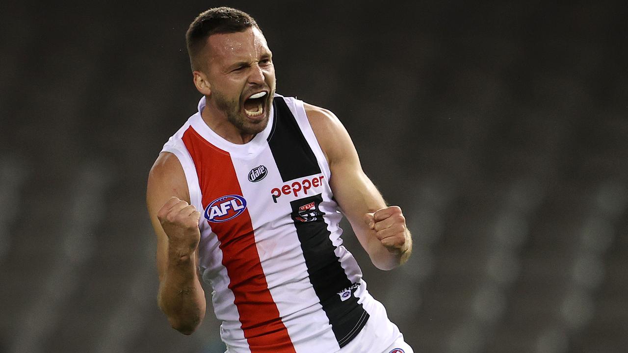St Kilda captain Jarryn Geary celebrates one of his two goals in his side’s win over Carlton. Photo: Michael Klein